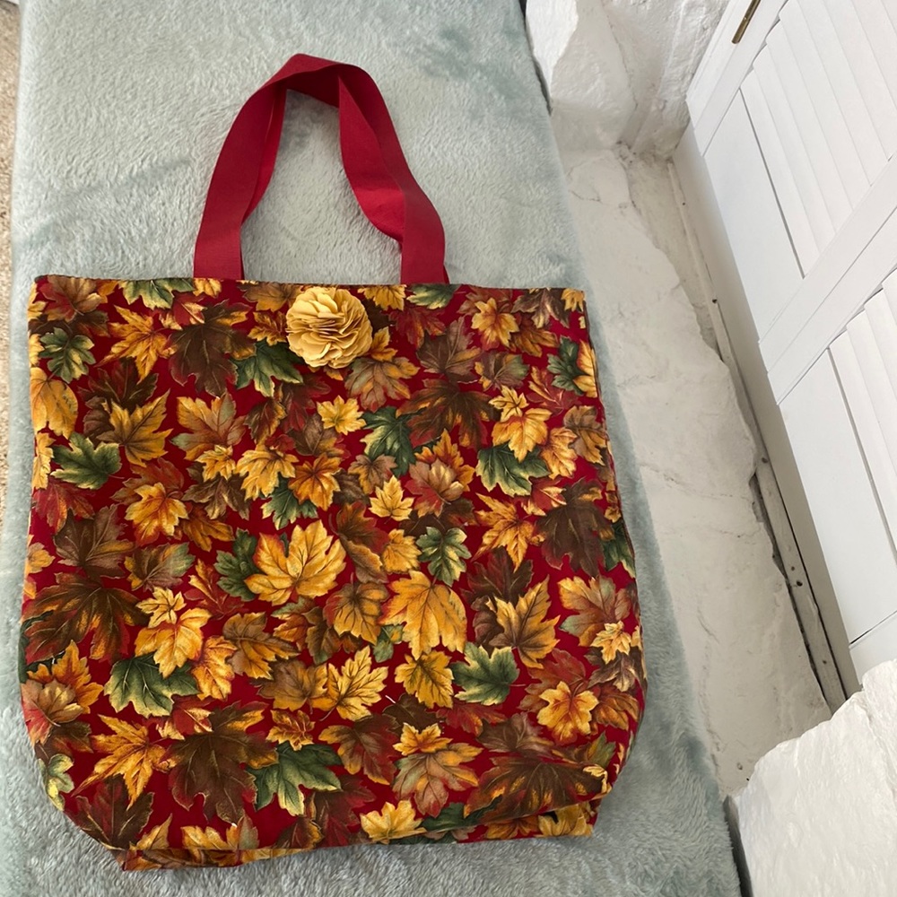 Cranberry gold yellow green brown bag reversible - lined ribbon straps w/ flower